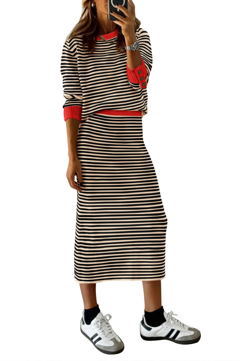 PRETTYGARDEN 2 Piece Skirts Sets For Women Fall Fashion Striped Sweater Dress Knit Lounge Travel Outfits Winter Clothing