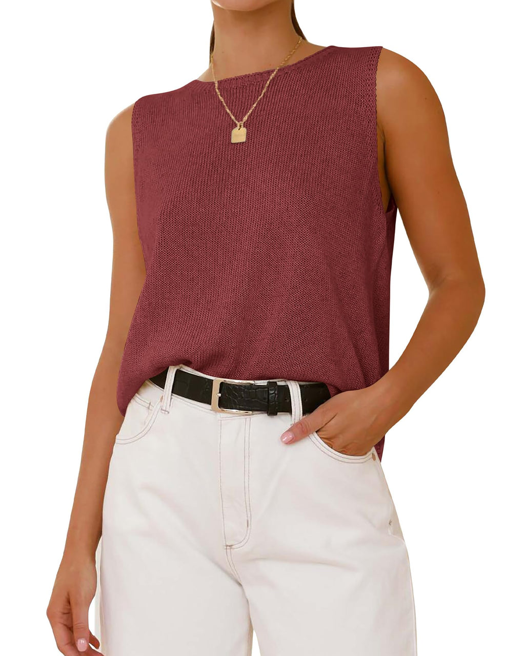 FreshPretty Women's Sleeveless Sweater Vest Summer Crew Neck Ribbed Knit Lightweight Pullover Casual Loose Fit Tank Tops