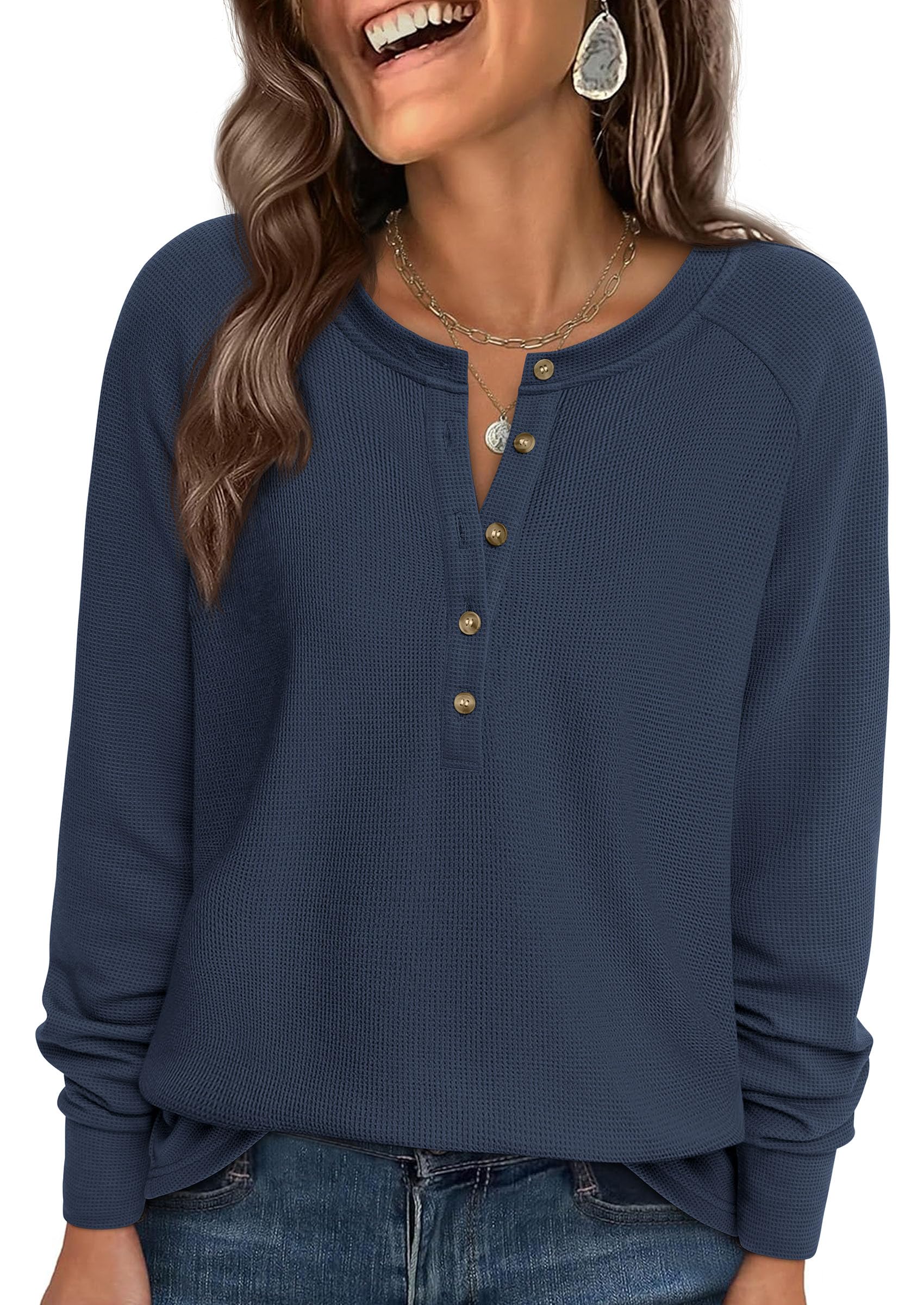 PRETTYGARDEN Women's Long Sleeve Waffle Knit Shirts Fall Casual Button Up Henley V Neck Tunic Tops Loose Fit Basic Tees