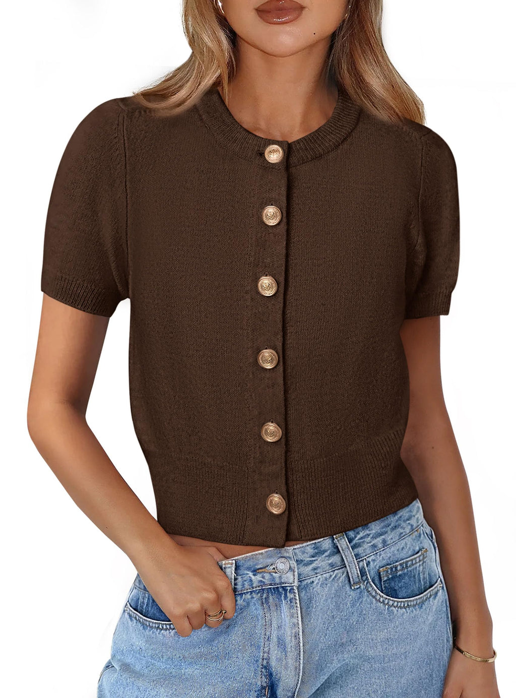PRETTYGARDEN Womens Casual Summer Short Sleeve Cardigans Button Down Knitted Sweater Basic Crew Neck Crop Tops