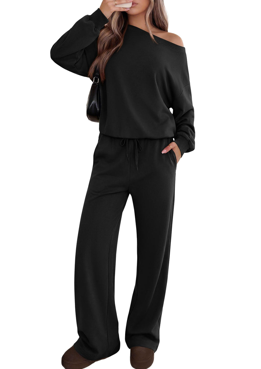 PRETTYGARDEN Womens 2 Piece Casual Matching Lounge Sets Fashion Off the Shoulder Sweatshirt, Wide Leg Pants with Pockets, Comfy Airport Travel Outfit,Trendy Fall Set