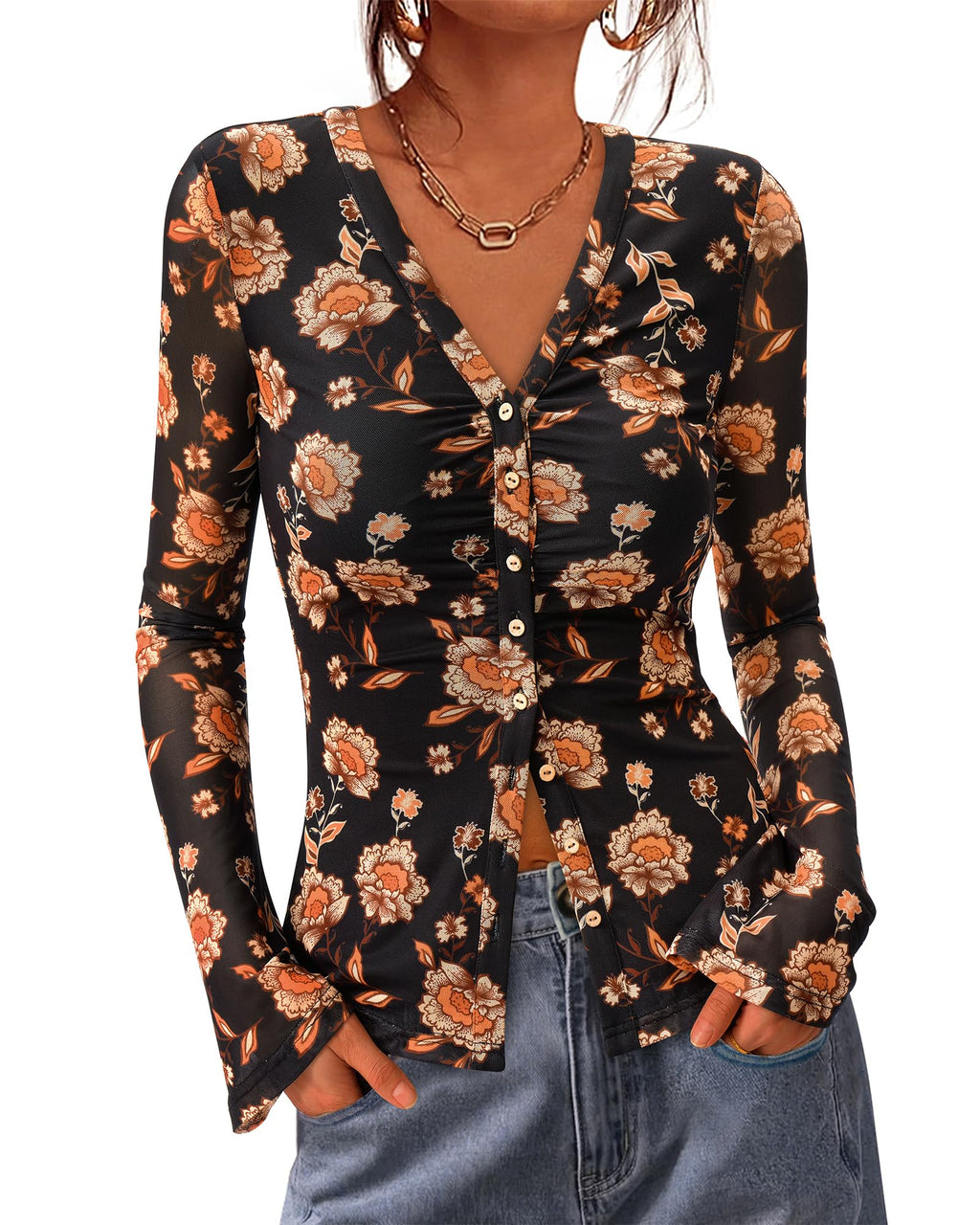 FreshPretty Button Down Shirts for Women Fall Fashion V Neck Long Sleeve Blouse Ruched Mesh Fitted Floral Print Boho Tops