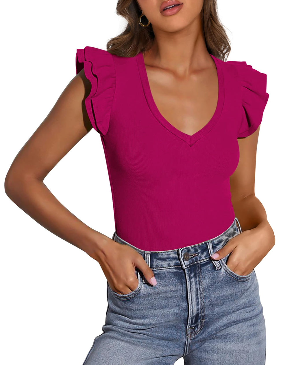 PRETTYGARDEN Womens V Neck Summer Tops Ruffle Sleeveless Slim Fit T Shirts Going Out Casual Blouses