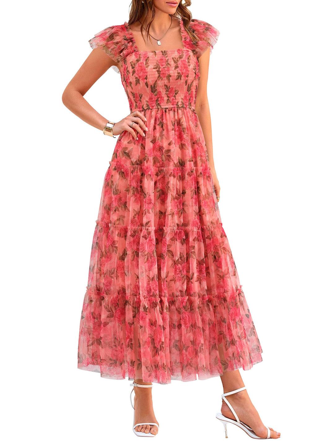 PRETTYGARDEN Women's Summer Tulle Midi Dress Sleeveless Smocked Ruffle Flowy Mesh Dresses Party Wedding Guest Sundress