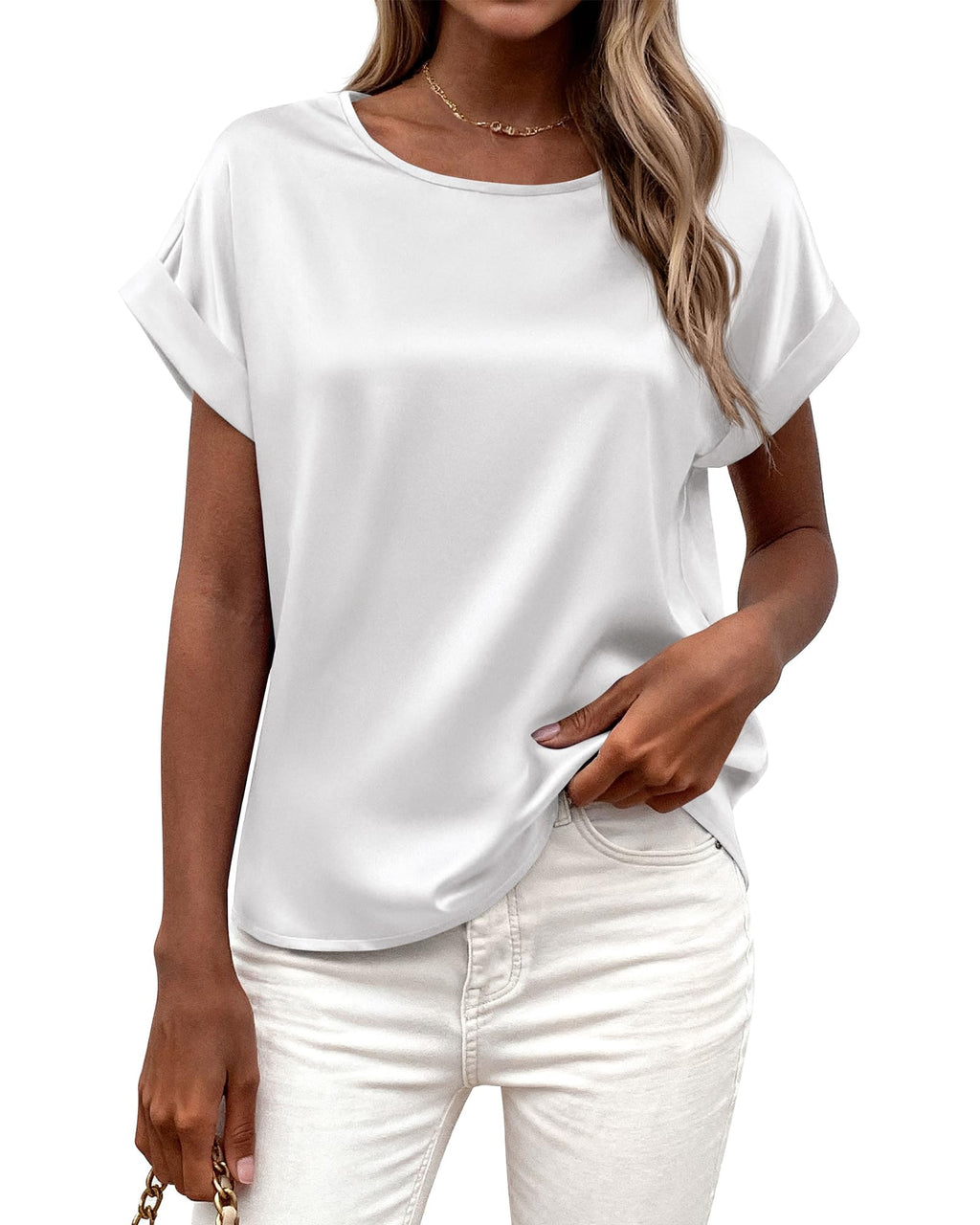 FreshPretty Womens Summer Tops Satin Silk Crewneck Short Sleeve Shirts Work Business Outfits Spring Blouses Dressy Casual