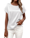 FreshPretty Womens Summer Tops Satin Silk Crewneck Short Sleeve Shirts Work Business Outfits Spring Blouses Dressy Casual