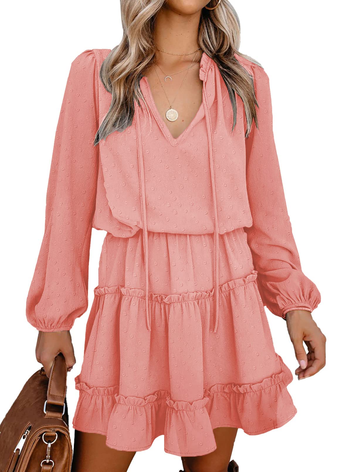 FreshPretty Long Sleeve Fall Dresses for Women Summer Casual Tie Neck Ruffle Tiered A Line Wedding Guest Short Mini Dress