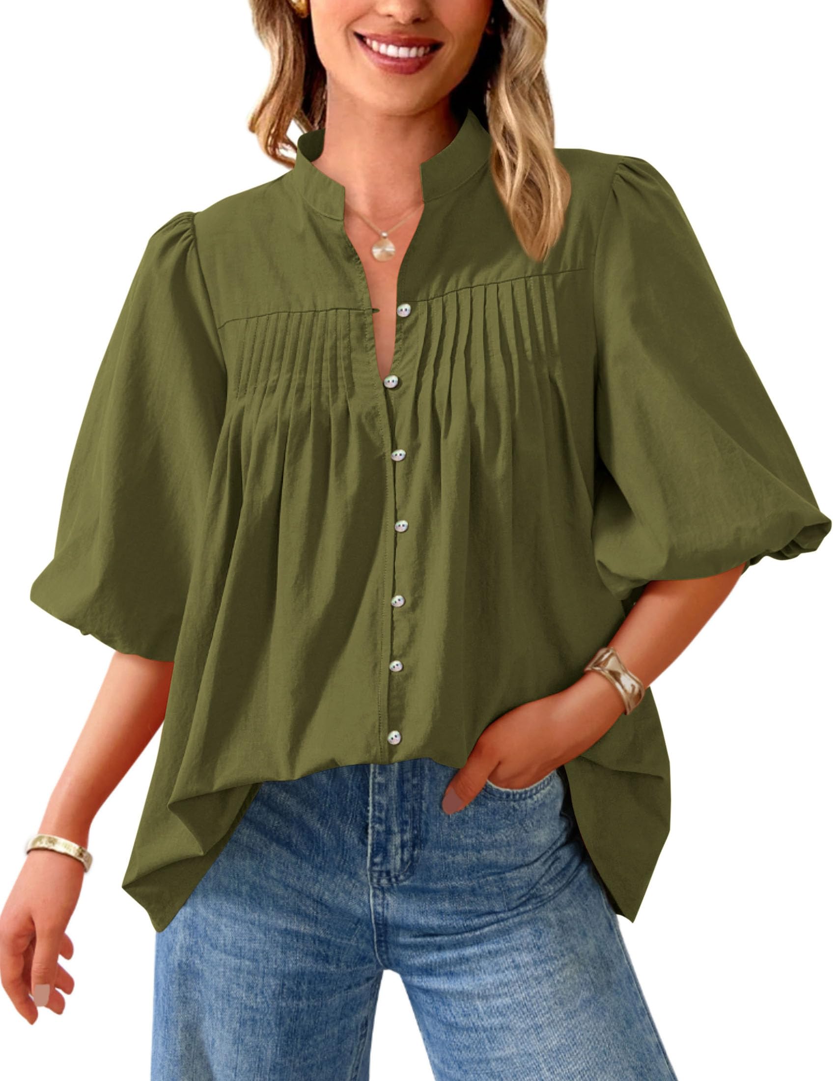 PRETTYGARDEN Women's  Summer Short Lantern Sleeve Tops Loose Fit Button Down Shirt Pleated V Neck Blouses Trendy Clothes