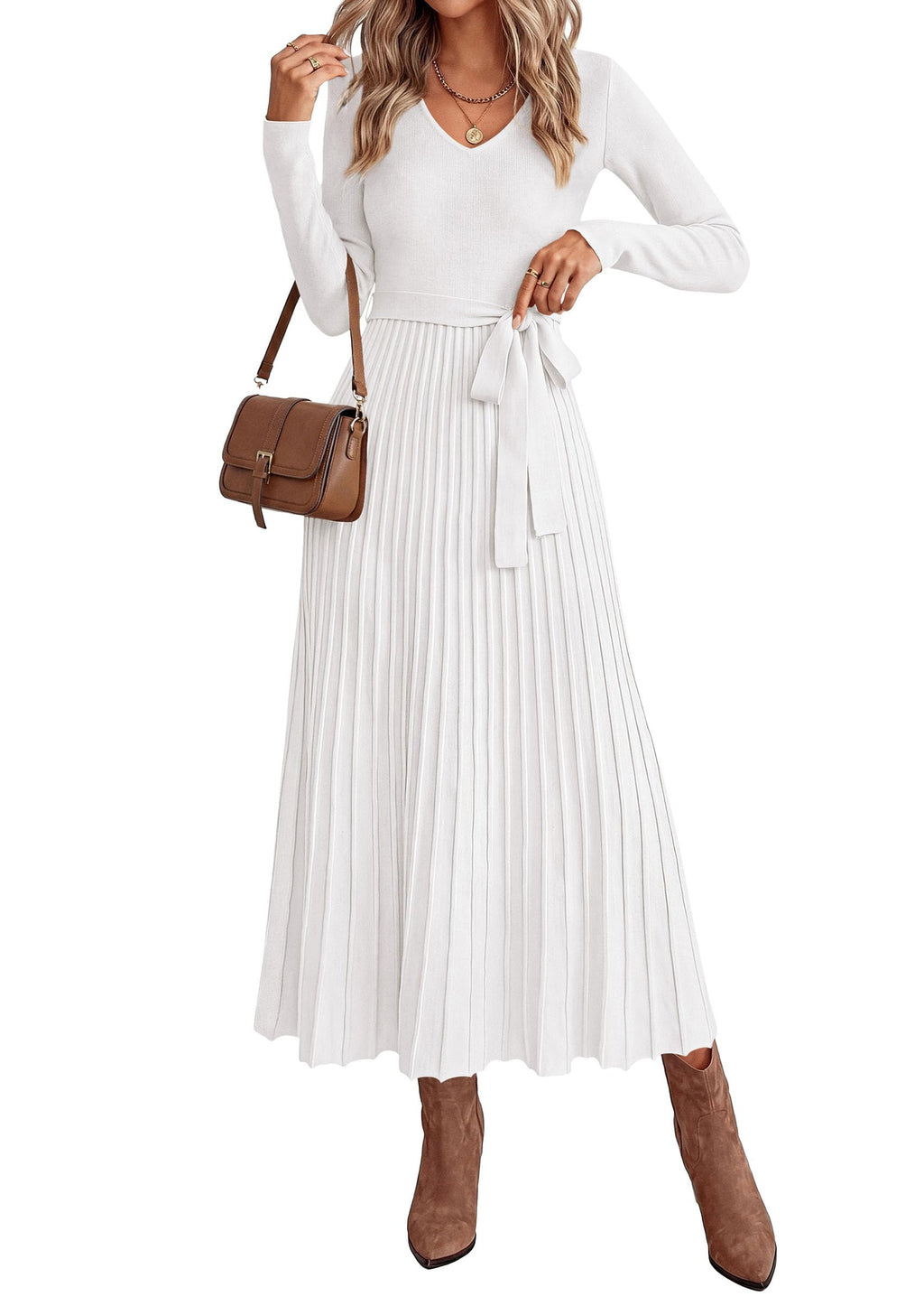 PRETTYGARDEN Womens Fall Maxi Long Sleeve Sweater Dress Soft Stretchy Knit, V Neck A Line Dresses with Bow, Flowy Pleated Hem, Cocktail Party Outfits, Trendy Winter Clothes