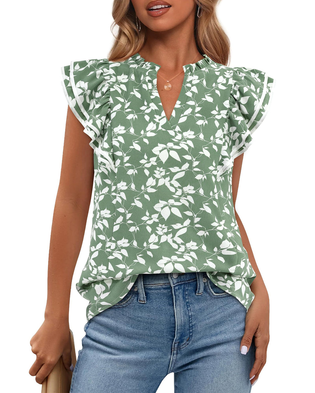 BTFBM Womens Tops Dressy Casual Spring Summer Shirts Boho Floral V Neck Ruffle Cap Sleeve Business Work Blouses