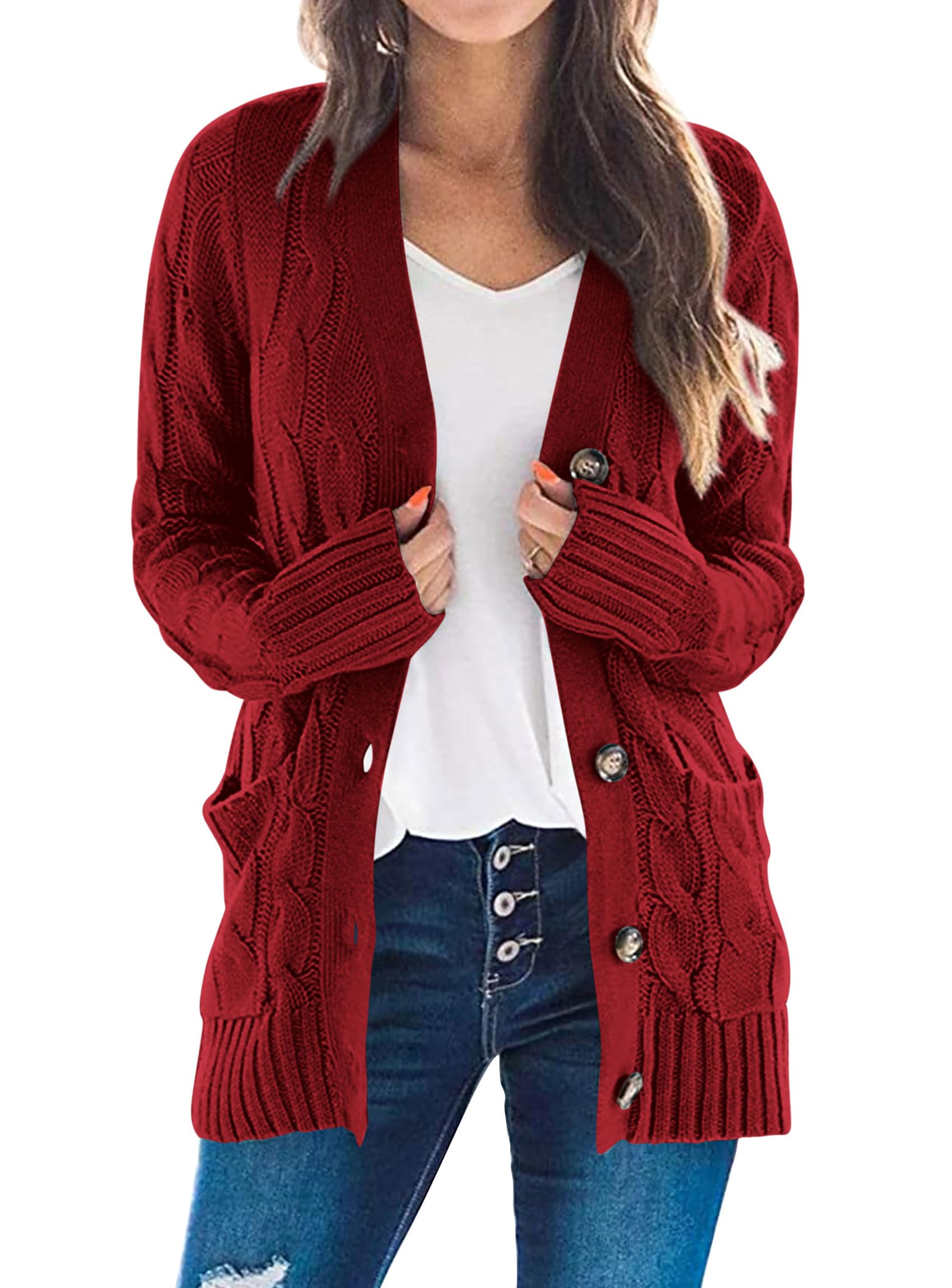 PRETTYGARDEN Women's Open Front Cardigan Sweaters Fall Fashion Button Down Cable Knit Chunky Winter Clothing Outerwear Coats