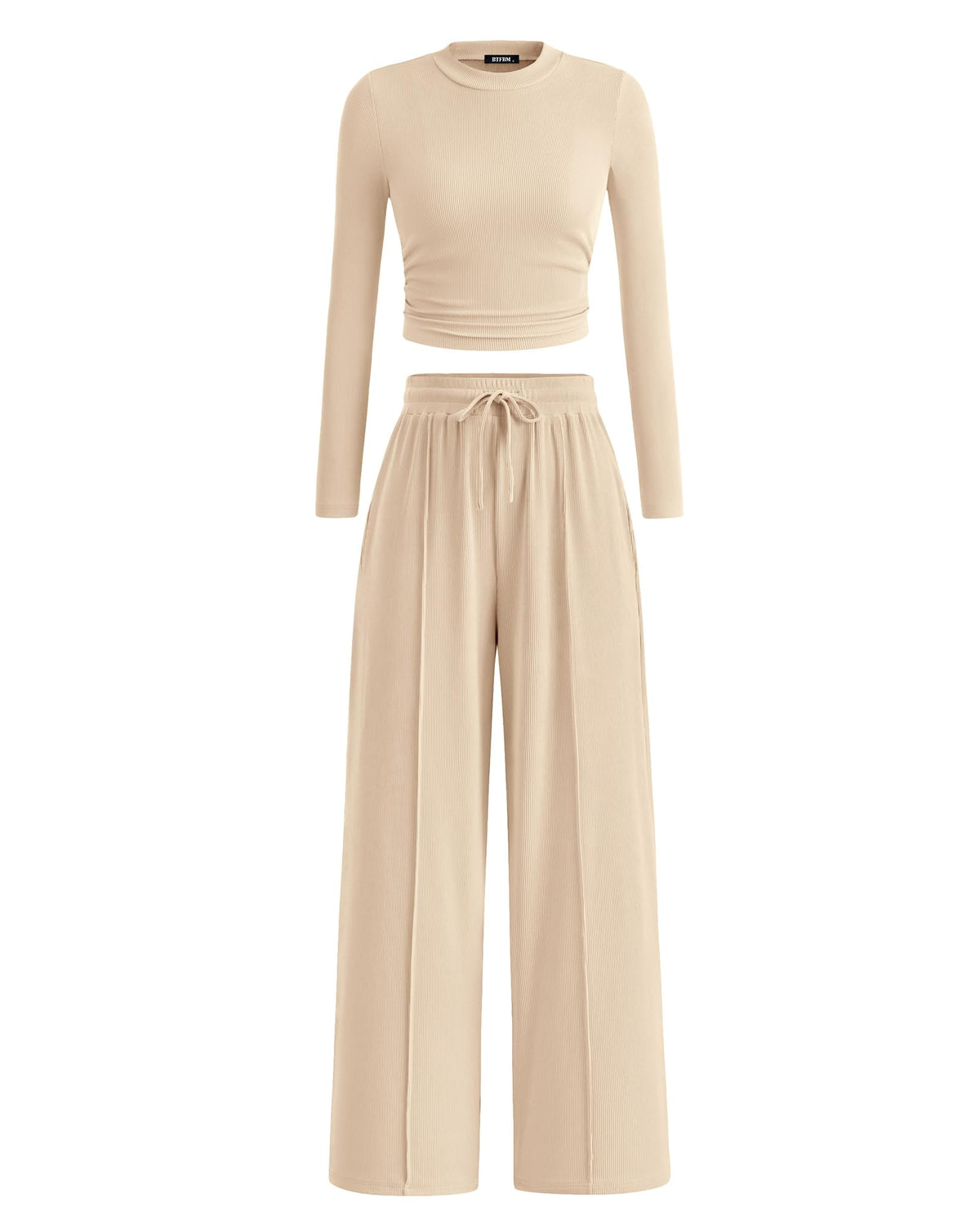 BTFBM Casual 2 Piece Sets For Women Fall Outfits Ribbed Spring Long Sleeve Crop Top Wide Leg Pants Matching Lounge Set