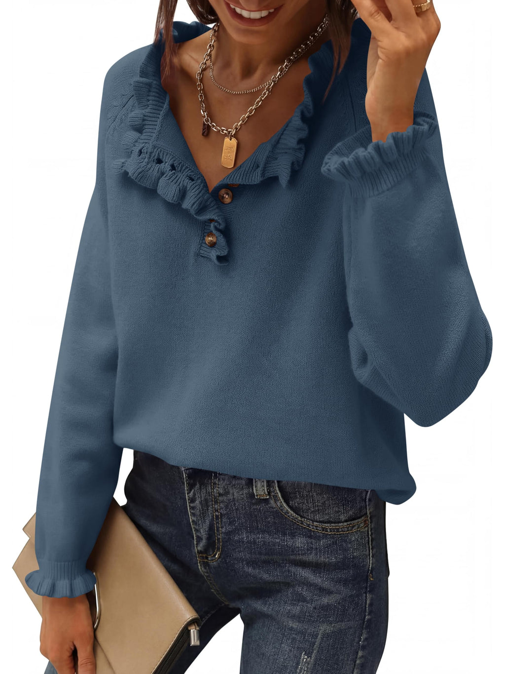 BTFBM Womens Sweaters Fall Winter Clothes Long Sleeve Button Down Ruffle Crew Neck Casual Knitted Pullover Tops