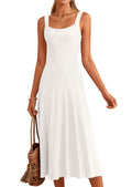 PRETTYGARDEN Spring Dresses for Women Summer Casual Sleeveless Square Neck A Line Knit Pleated Midi Cocktail Party Dress