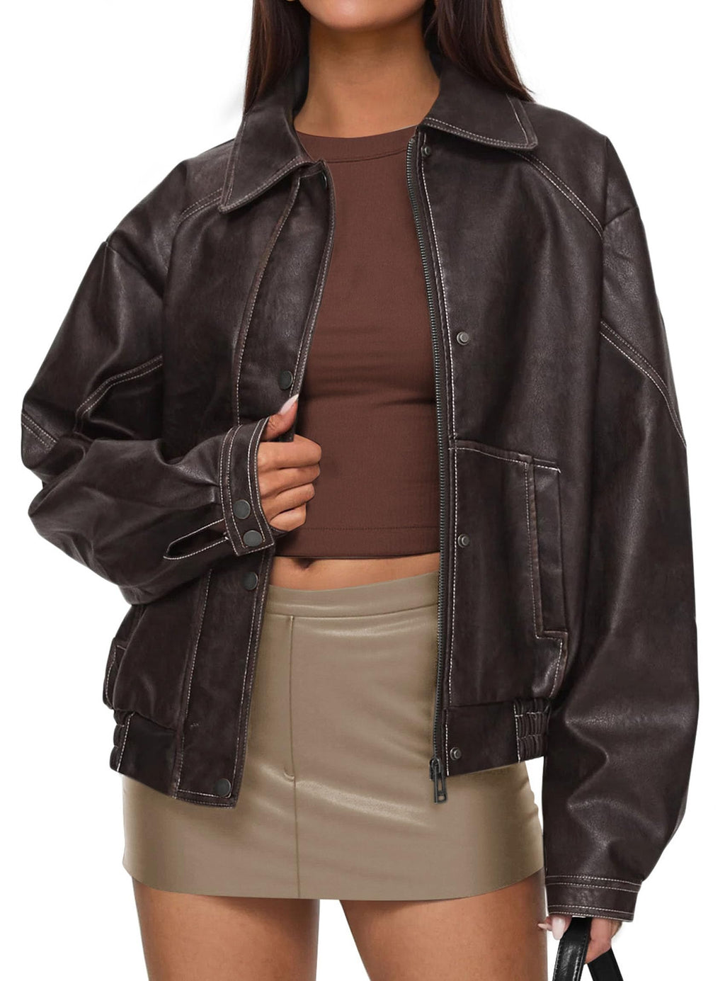 PRETTYGARDEN Faux Leather Jacket Women Bomber Motorcycle Zip Up Jackets Oversized Fall Fashion Outfits  Winter Coats