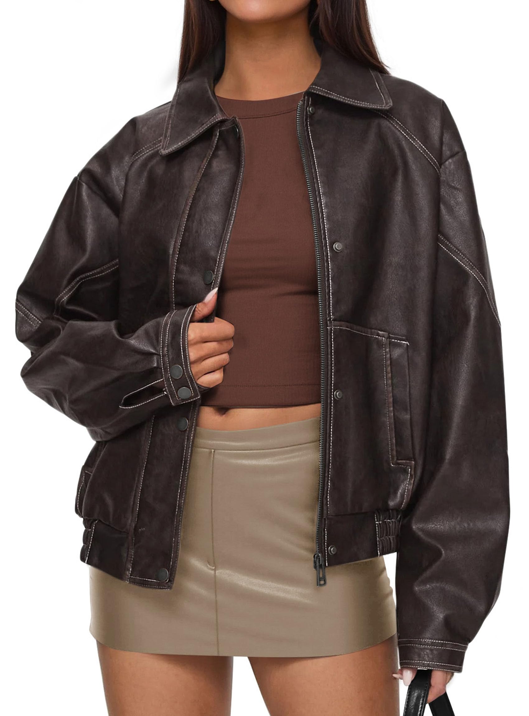 PRETTYGARDEN Faux Leather Jacket Women Bomber Motorcycle Zip Up Jackets Oversized Fall Fashion Outfits  Winter Coats