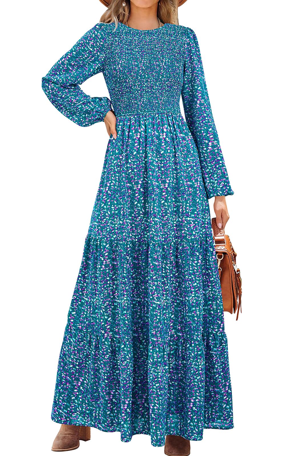 PRETTYGARDEN Women's Fall Dresses Long Sleeve Flowy Casual Floral Maxi Dress Crew Neck Smocked Tiered Long Dress