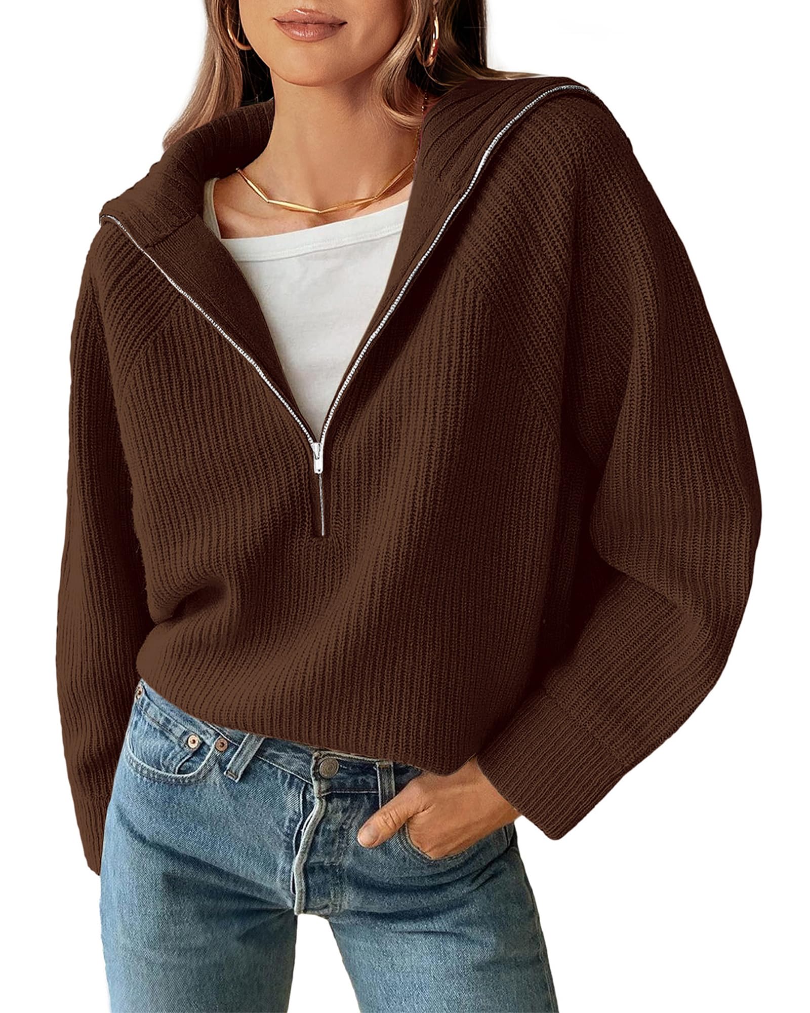 BTFBM Womens Sweaters Quarter Zip Pullover V Neck Collar Long Sleeve Ribbed Knit Loose Casual Winter Fall Sweater