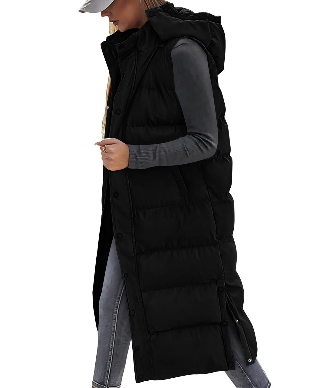 FreshPretty Long Puffer Vest Women Quilted Hooded Button Down Zip Up Sleeveless Vests Outerwear Padded Jacket Fall Winter Coat