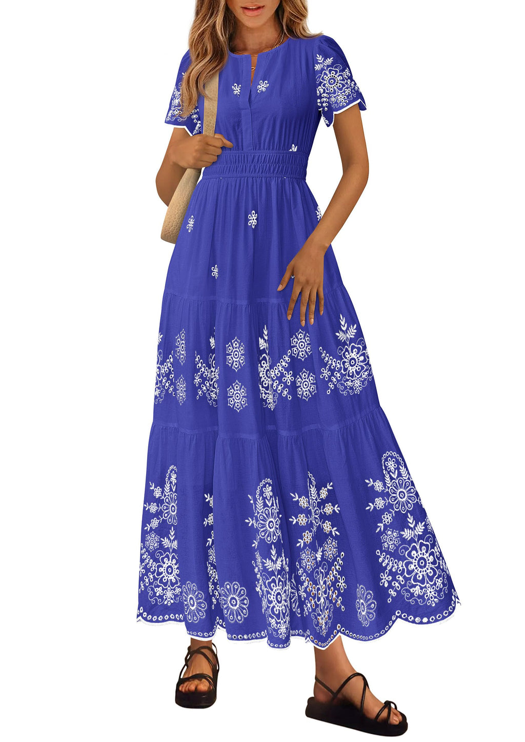 PRETTYGARDEN Boho Dresses for Women Summer Spring Casual Floral Short Sleeve V Neck Maxi Elastic Waist Dress Pockets