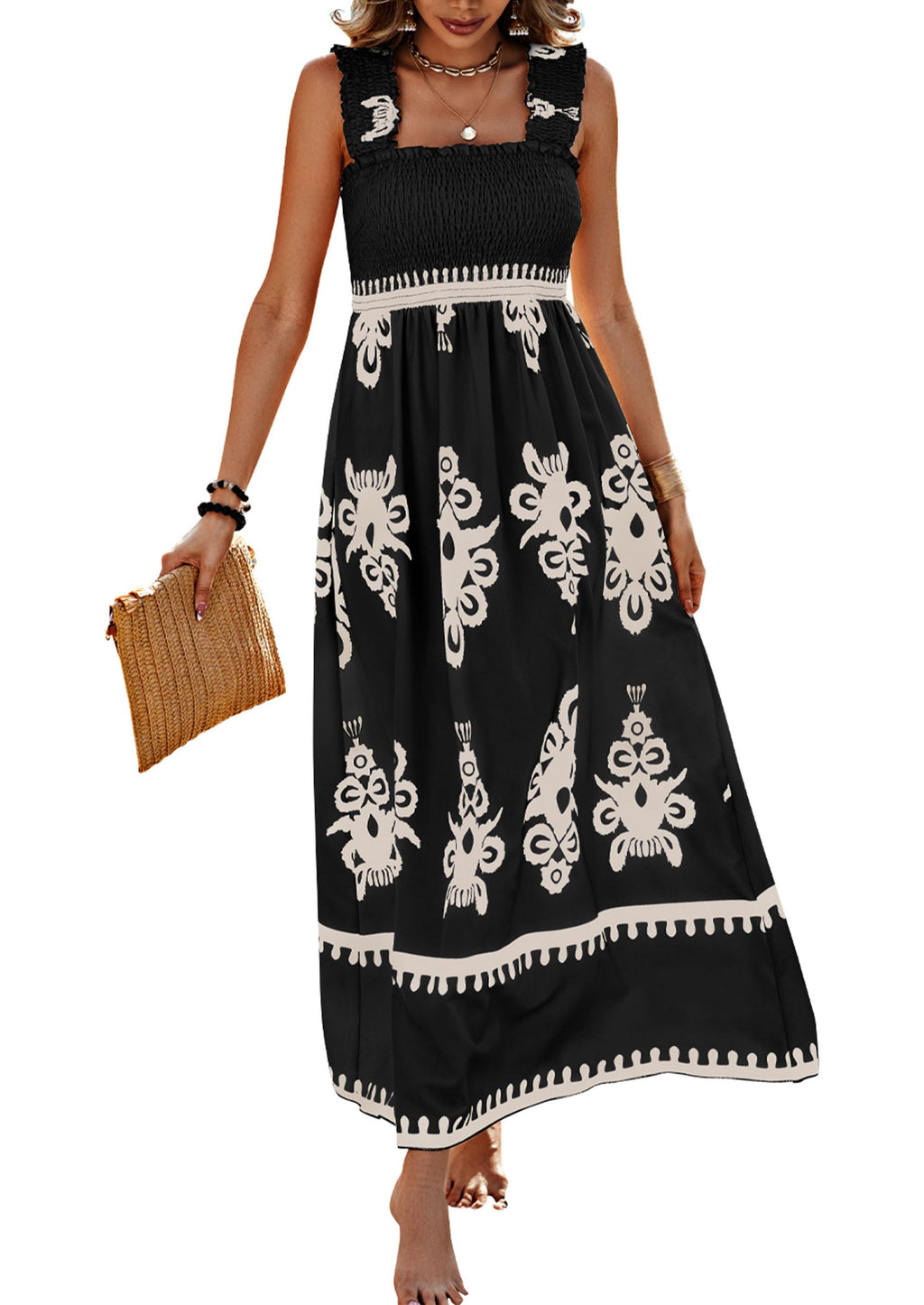 PRETTYGARDEN Womens Summer Boho Maxi Dress Casual Sleeveless Square Neck Floral Aline Smocked Beach Dresses with Pockets