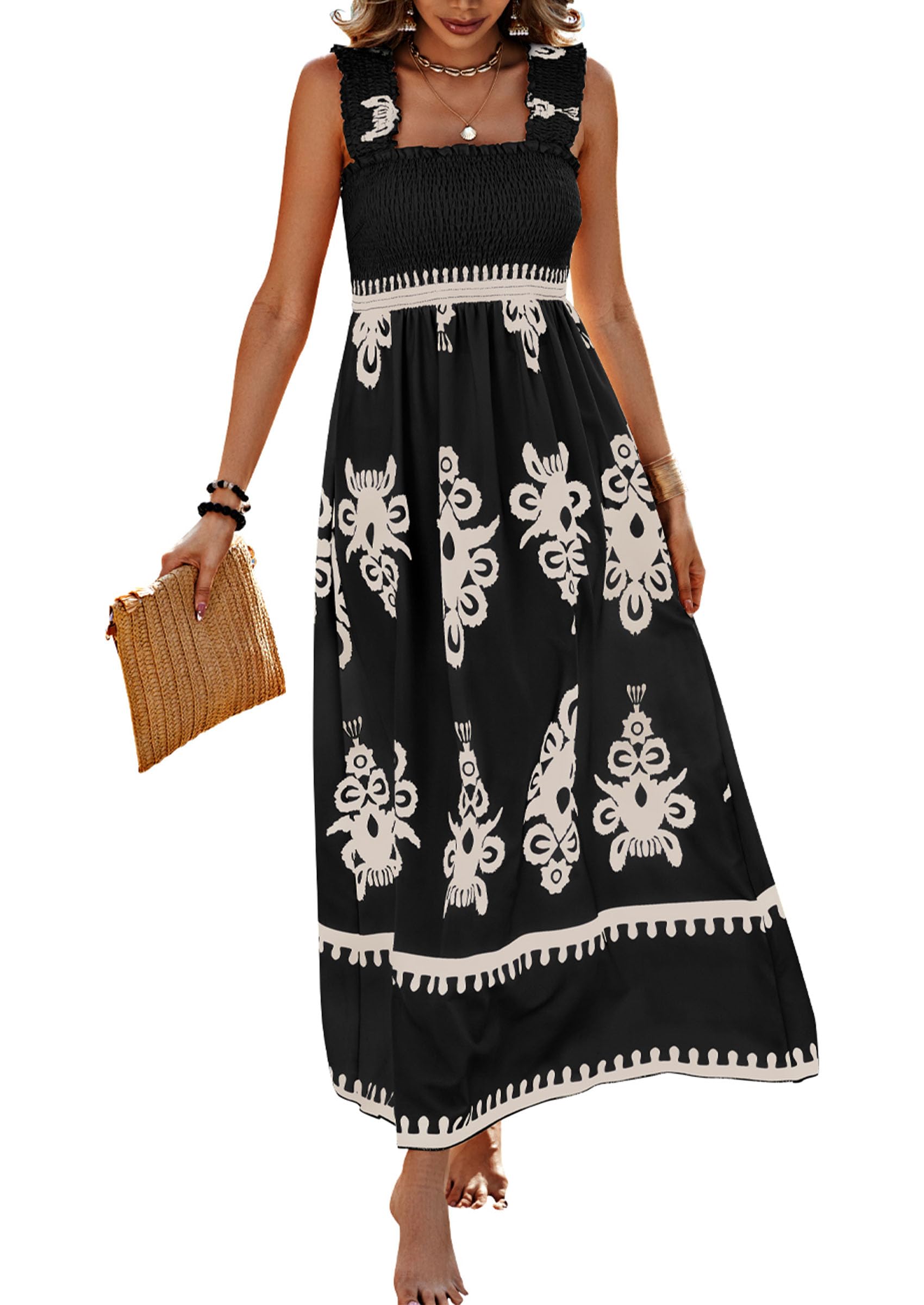 PRETTYGARDEN Womens Summer Boho Maxi Dress Casual Sleeveless Square Neck Floral Aline Smocked Beach Dresses with Pockets