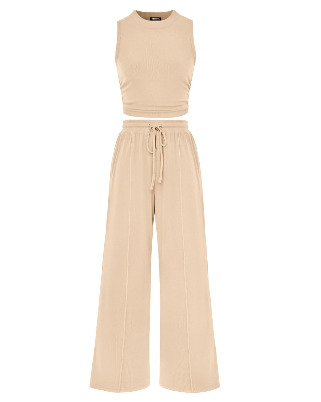 FreshPretty Women Summer 2 Piece Outfits Beach Crew Neck Sleeveless Cropped Top Elastic Waist Wide Leg Pants Lounge Set