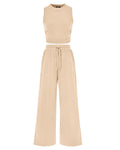 FreshPretty Women Summer 2 Piece Outfits Beach Crew Neck Sleeveless Cropped Top Elastic Waist Wide Leg Pants Lounge Set