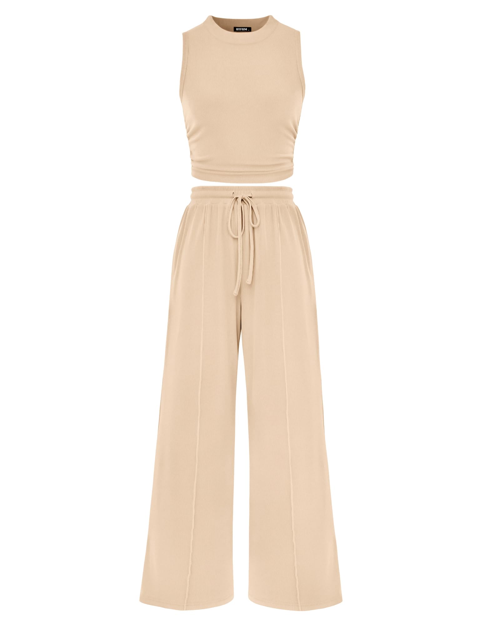 FreshPretty Women Summer 2 Piece Outfits Beach Crew Neck Sleeveless Cropped Top Elastic Waist Wide Leg Pants Lounge Set