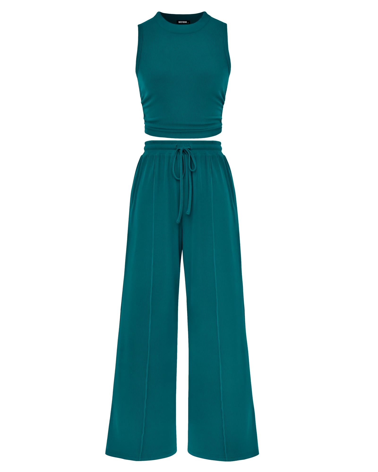 BTFBM Summer Outfits For Women Cropped Sleeveless Tank Tops Wide Leg Pants 2 Piece Sets Beach Lounge Set Clothing