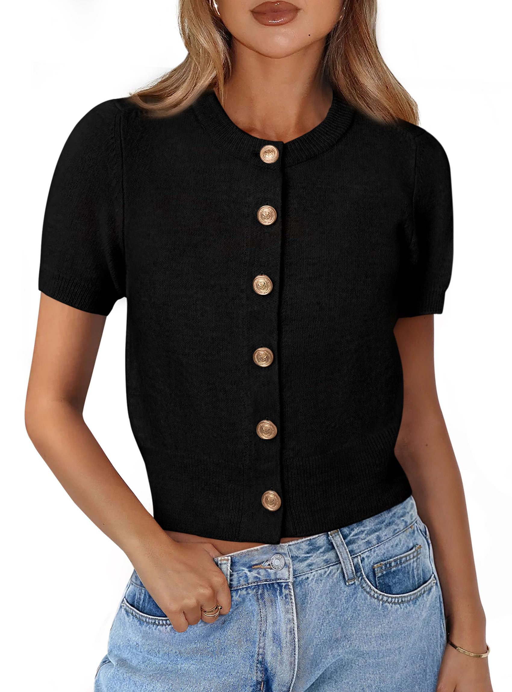 PRETTYGARDEN Womens Casual Summer Short Sleeve Cardigans Button Down Knitted Sweater Basic Crew Neck Crop Tops