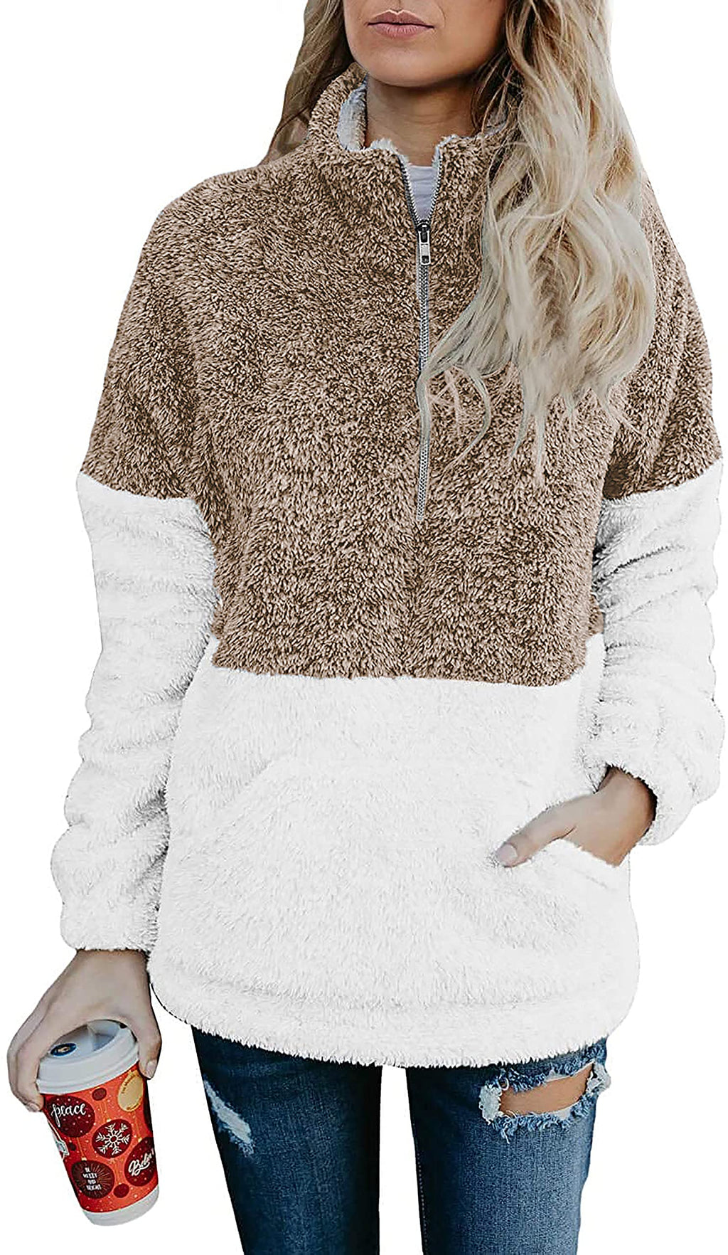 BTFBM Womens Sweatshirt Sherpa Quarter Zip Pullover Fall Winter Long Sleeve Fleece Sweaters Hoodies Sweatshirts Clothes
