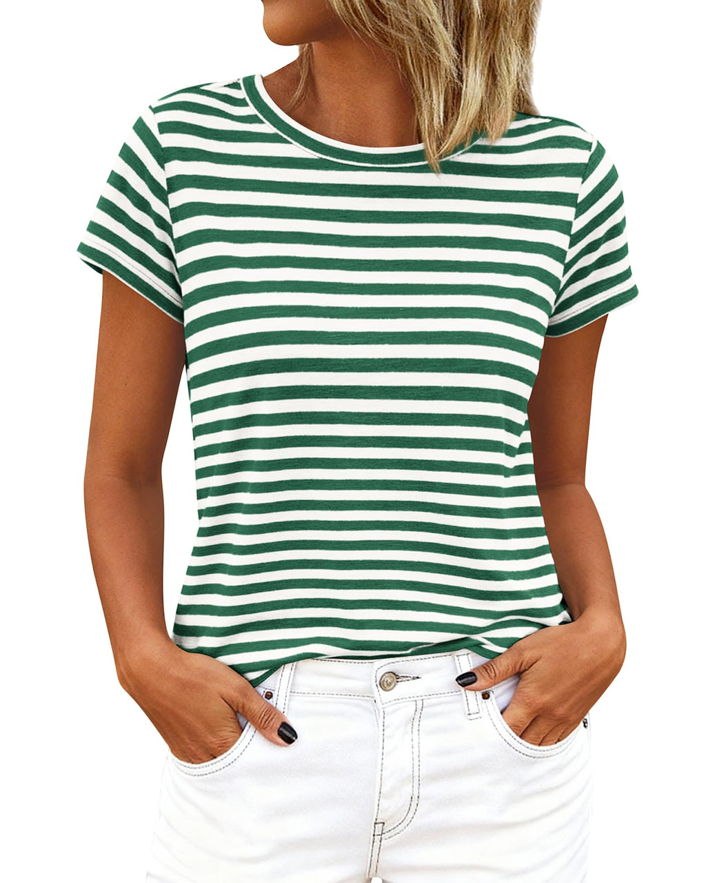 BTFBM Tops for Women Trendy Summer Crew Neck Short Sleeve T Shirts Striped Casual Vacation Blouse Basic Tee