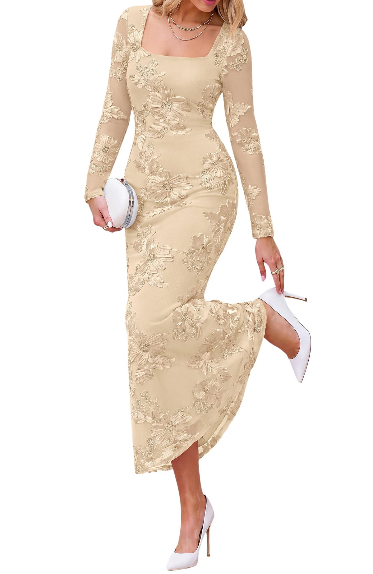 BTFBM Womens Long Sleeve Bodycon Floral Mesh Maxi Fall Wedding Guest Dress Semi Formal Dresses For Bridal Shower, Engagement, Cocktail, Homecoming, Prom, Birthday Party, Date Night Outfits, Lined