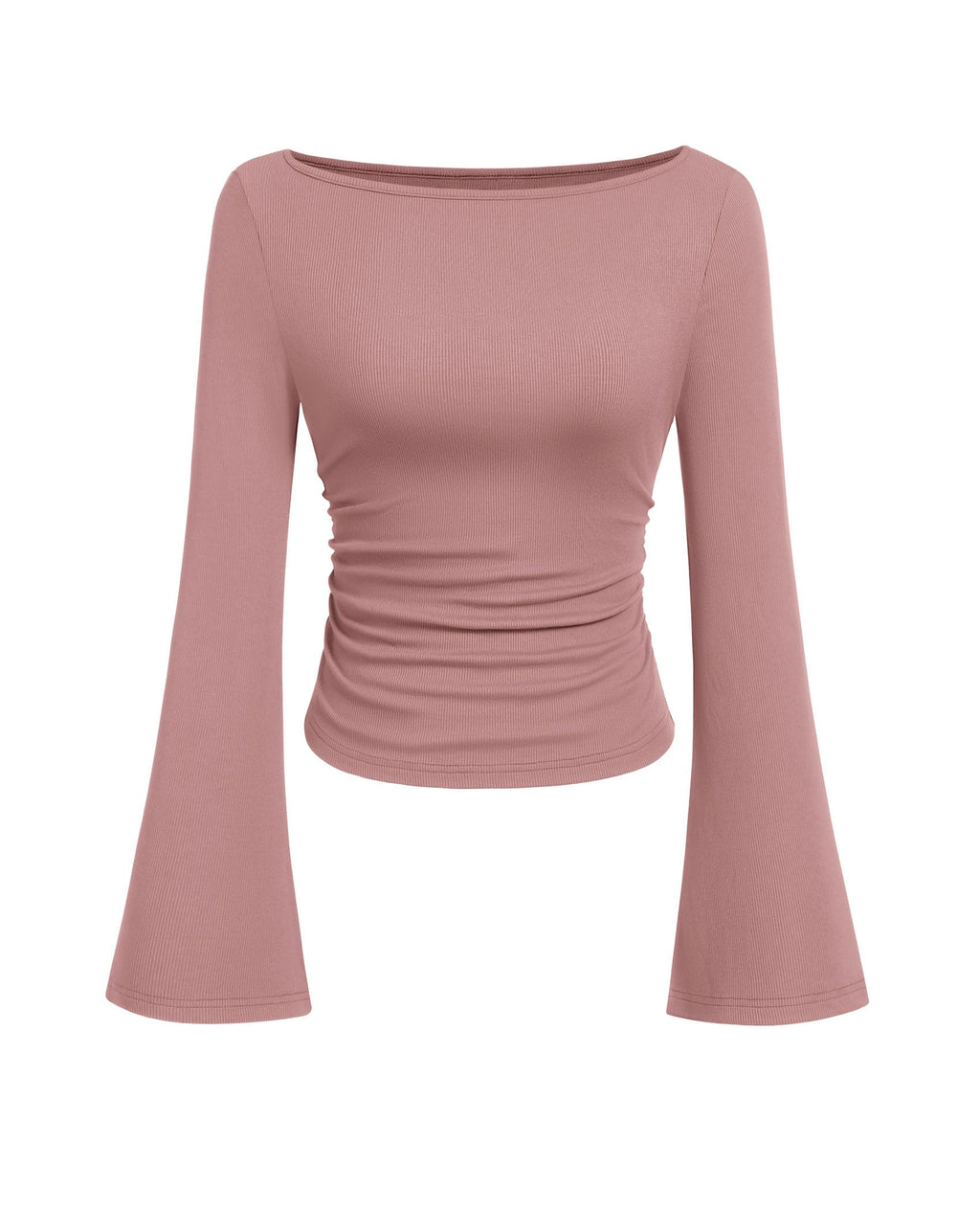 PRETTYGARDEN Women's Long Sleeve Shirts Fall Crop Going Out Tops Casual Boat Neck Bell Sleeve Ribbed Ruched Y2K Clothes