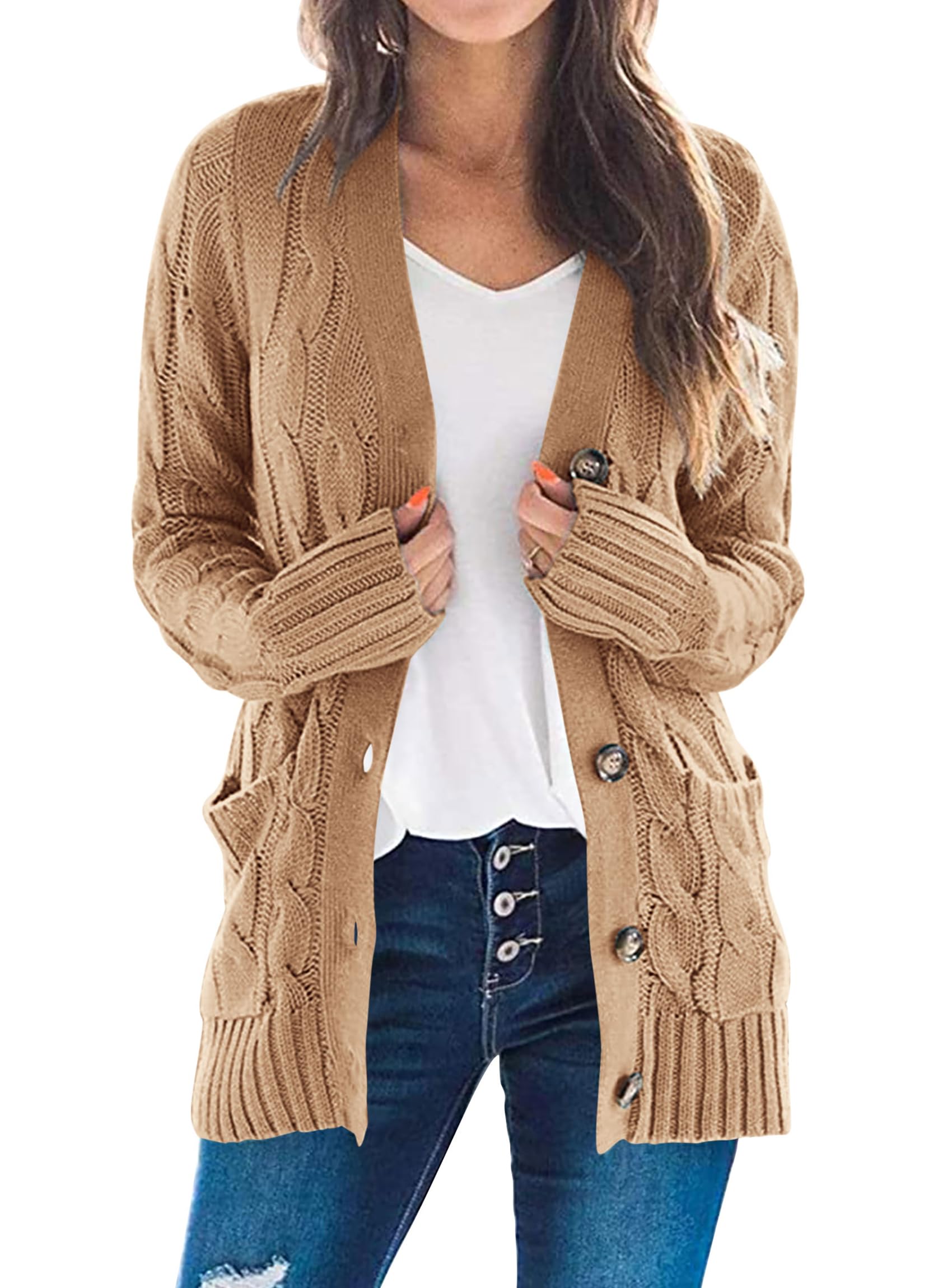 PRETTYGARDEN Women's Open Front Cardigan Sweaters Fall Fashion Button Down Cable Knit Chunky Winter Clothing Outerwear Coats