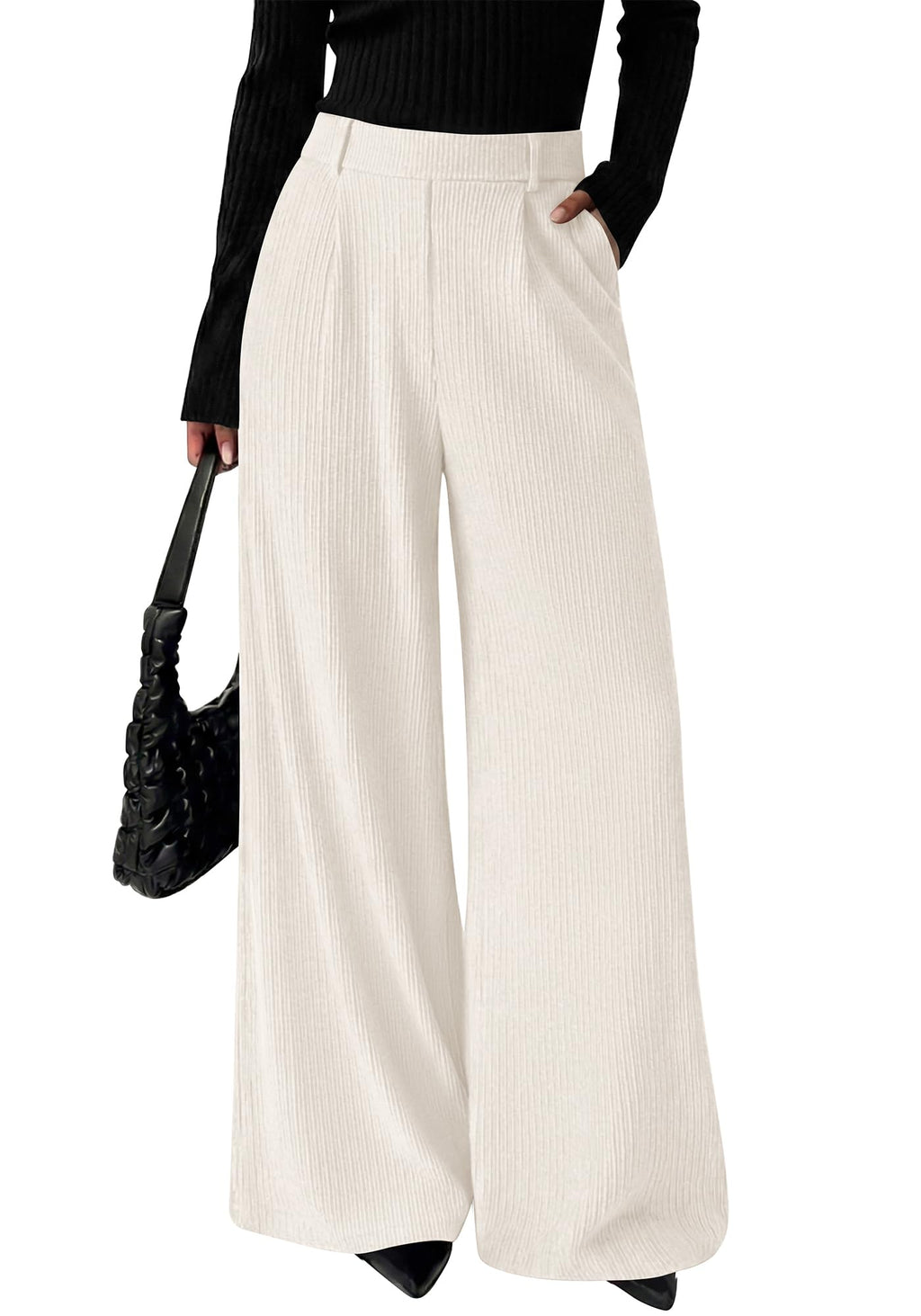BTFBM Wide Leg Pants for Women Dressy Work Business Casual Elastic High Waisted Trousers Ribbed Lounge Palazzo Pants