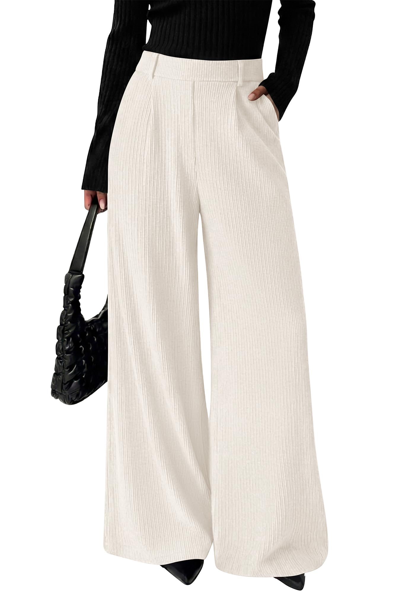 BTFBM Wide Leg Pants for Women Dressy Work Business Casual Elastic High Waisted Trousers Ribbed Lounge Palazzo Pants
