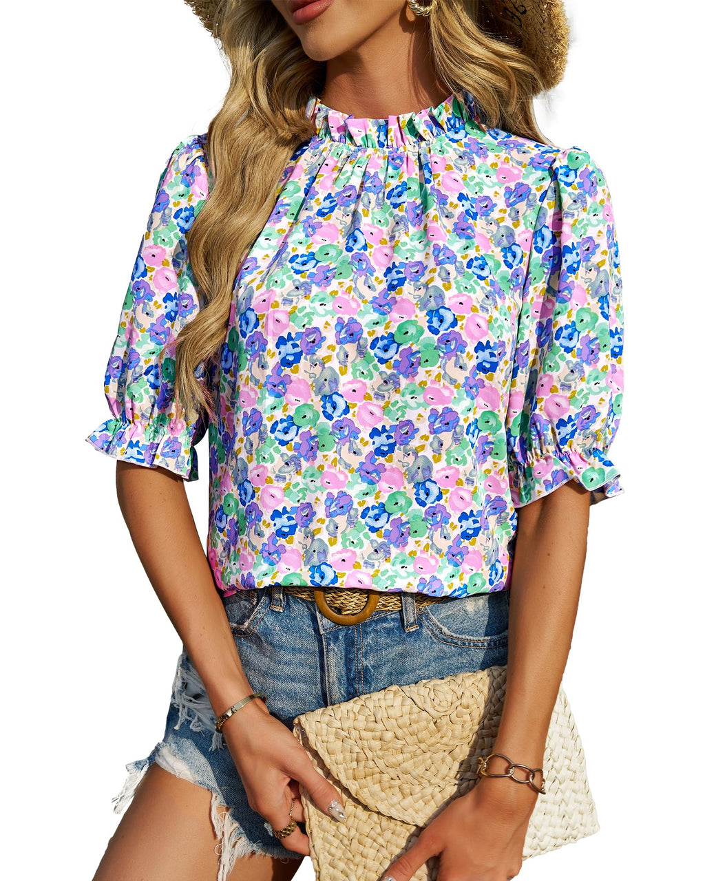 FreshPretty Women's Dressy Casual Blouses Business Work Tops Lace Trim Short Sleeve Office Shirts Summer Spring Outfits