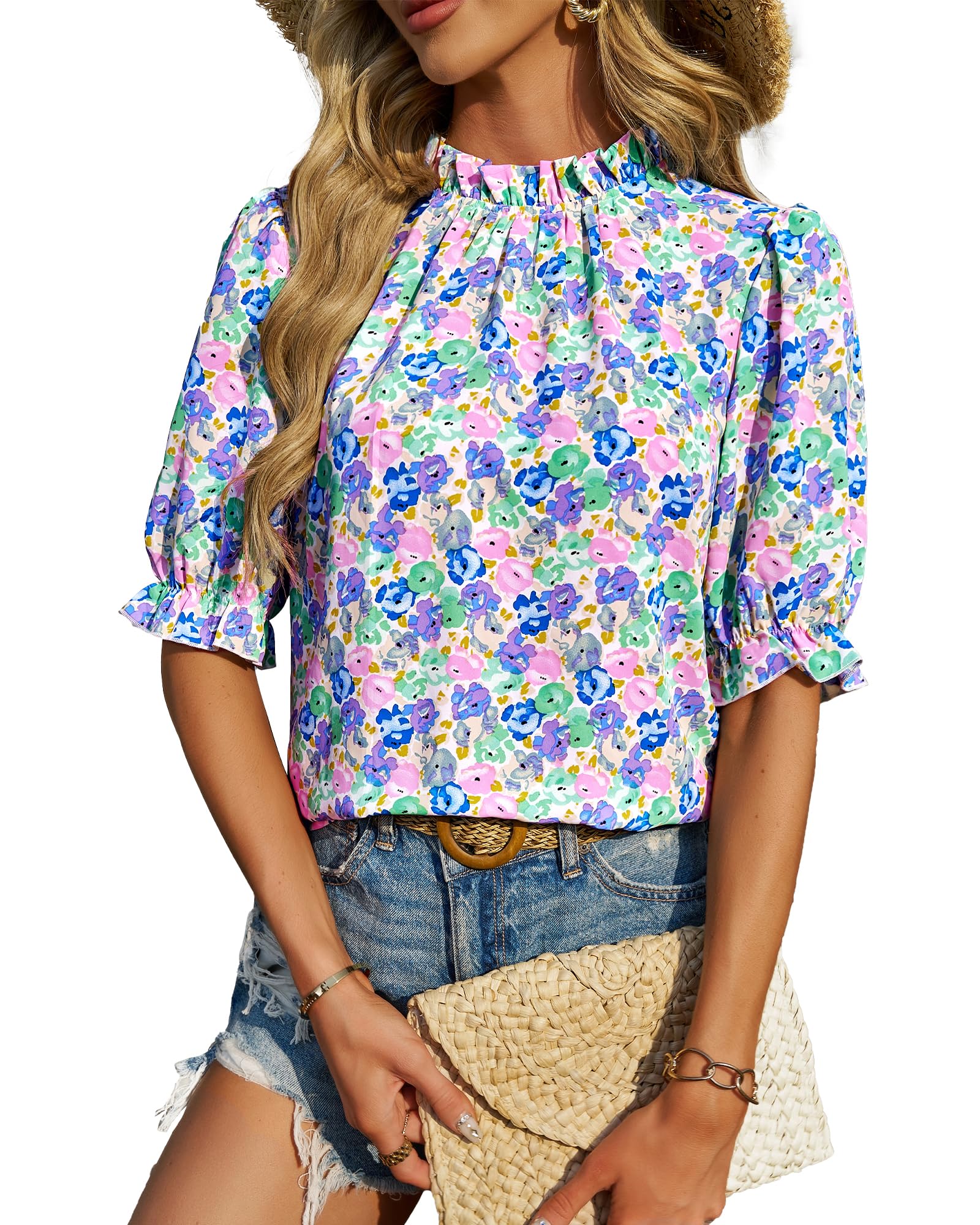 FreshPretty Women's Dressy Casual Blouses Business Work Tops Lace Trim Short Sleeve Office Shirts Summer Spring Outfits