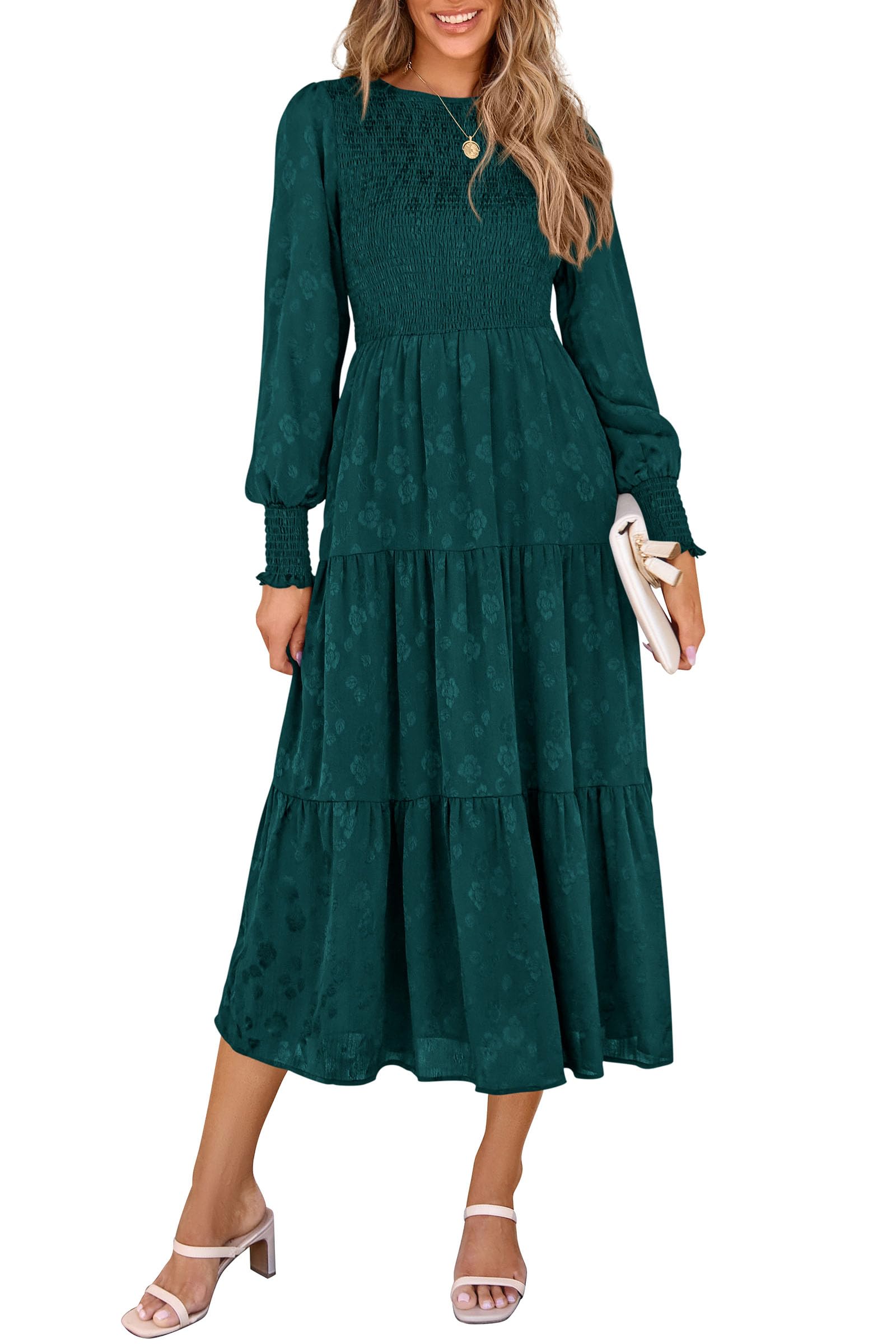 PRETTYGARDEN Women's Fall Spring Midi Dress Long Sleeve Floral Smocked Elegant Wedding Guest Long Flowy Dresses with Pockets