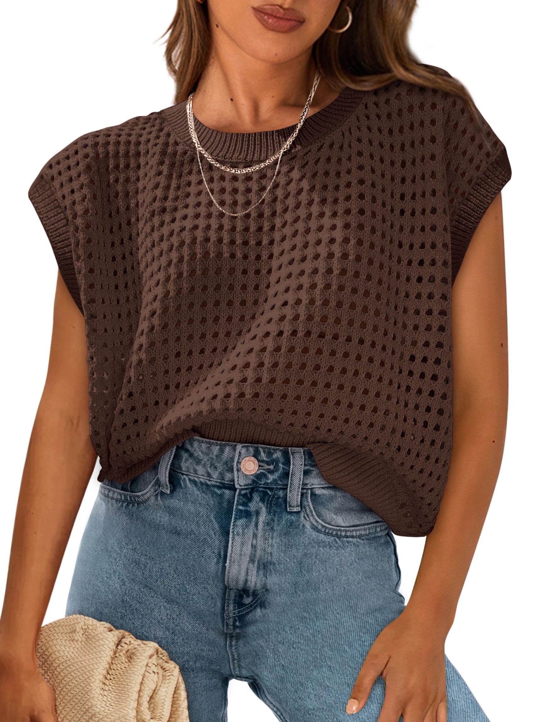 PRETTYGARDEN Womens Spring Tops Summer Shirts Crochet Cap Sleeve Sweater Pullover Cute Beach Vacation Clothes