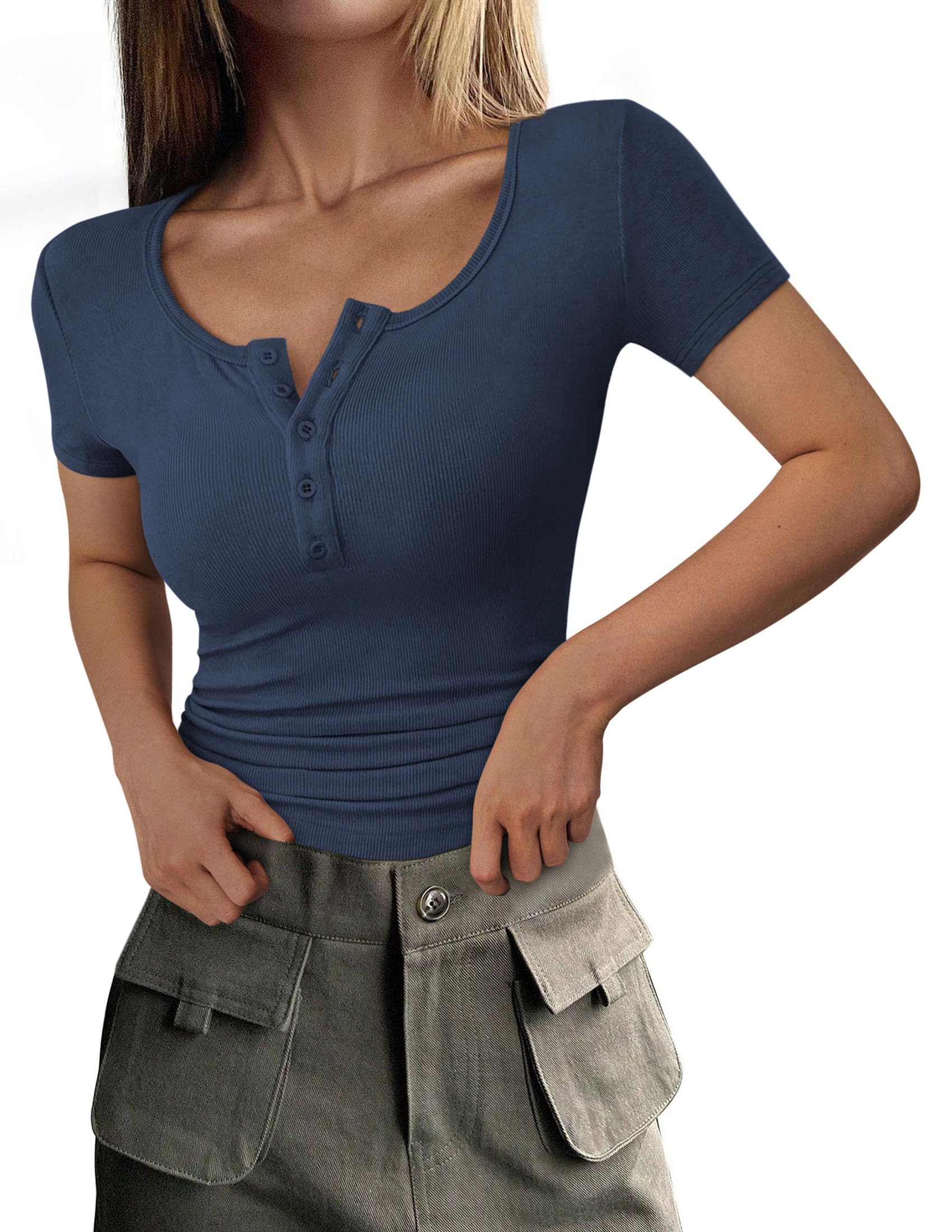 PRETTYGARDEN Women's  Fall Summer Short Sleeve Tops Ribbed Henley Button Slim Fit Basic Casual T Shirts Blouse Clothing