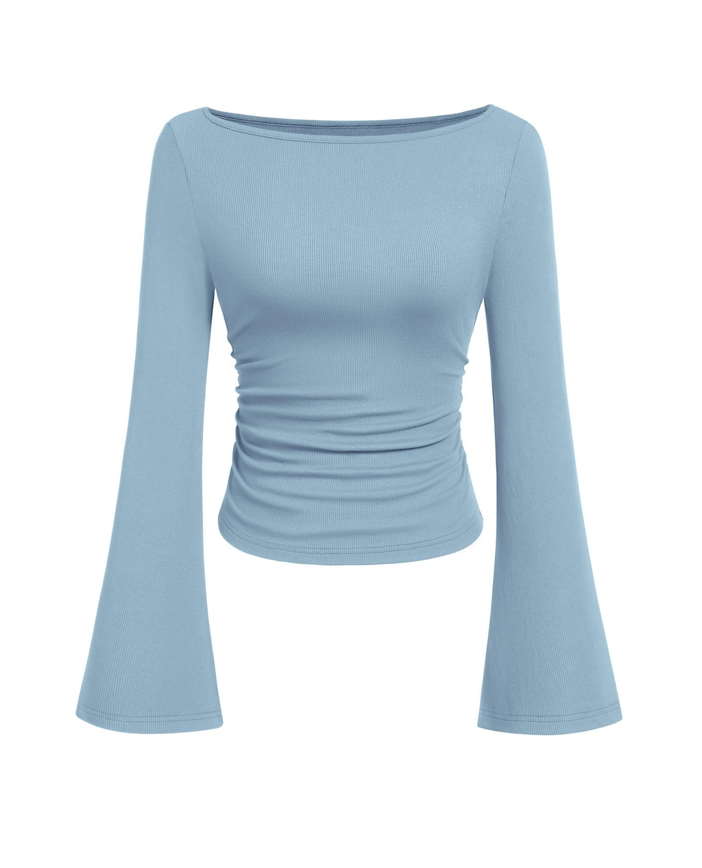PRETTYGARDEN Women's Long Sleeve Shirts Fall Crop Going Out Tops Casual Boat Neck Bell Sleeve Ribbed Ruched Y2K Clothes