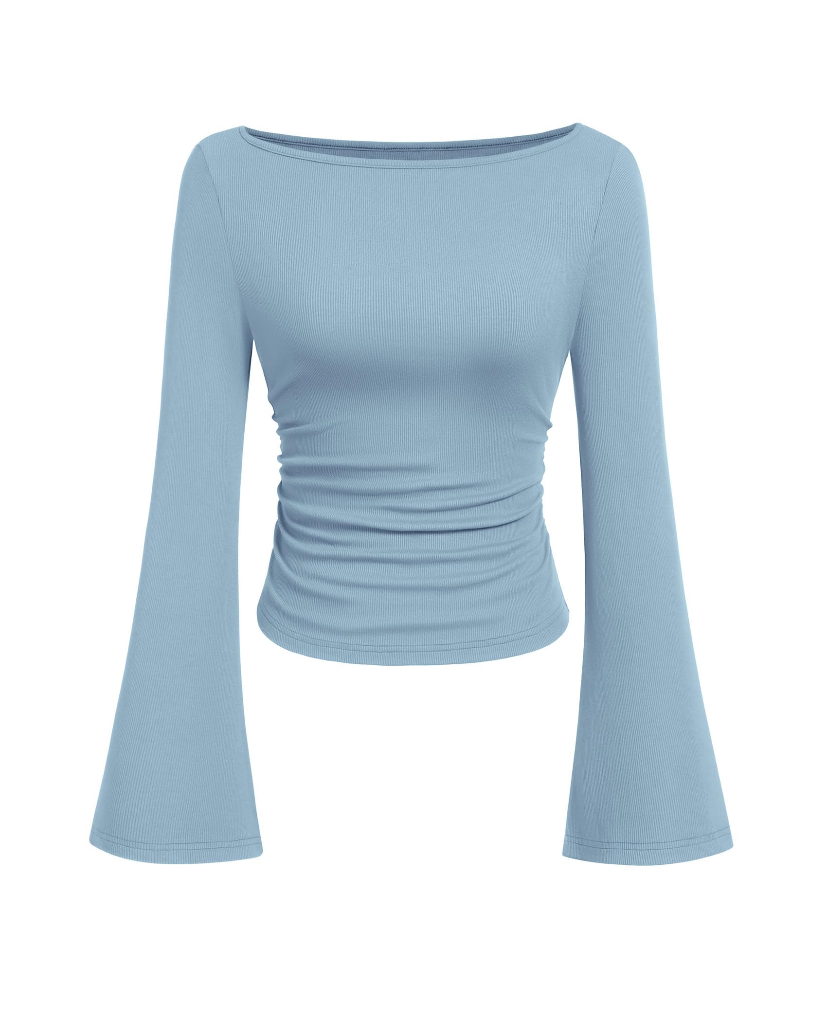 PRETTYGARDEN Women's Long Sleeve Shirts Fall Crop Going Out Tops Casual Boat Neck Bell Sleeve Ribbed Ruched Y2K Clothes