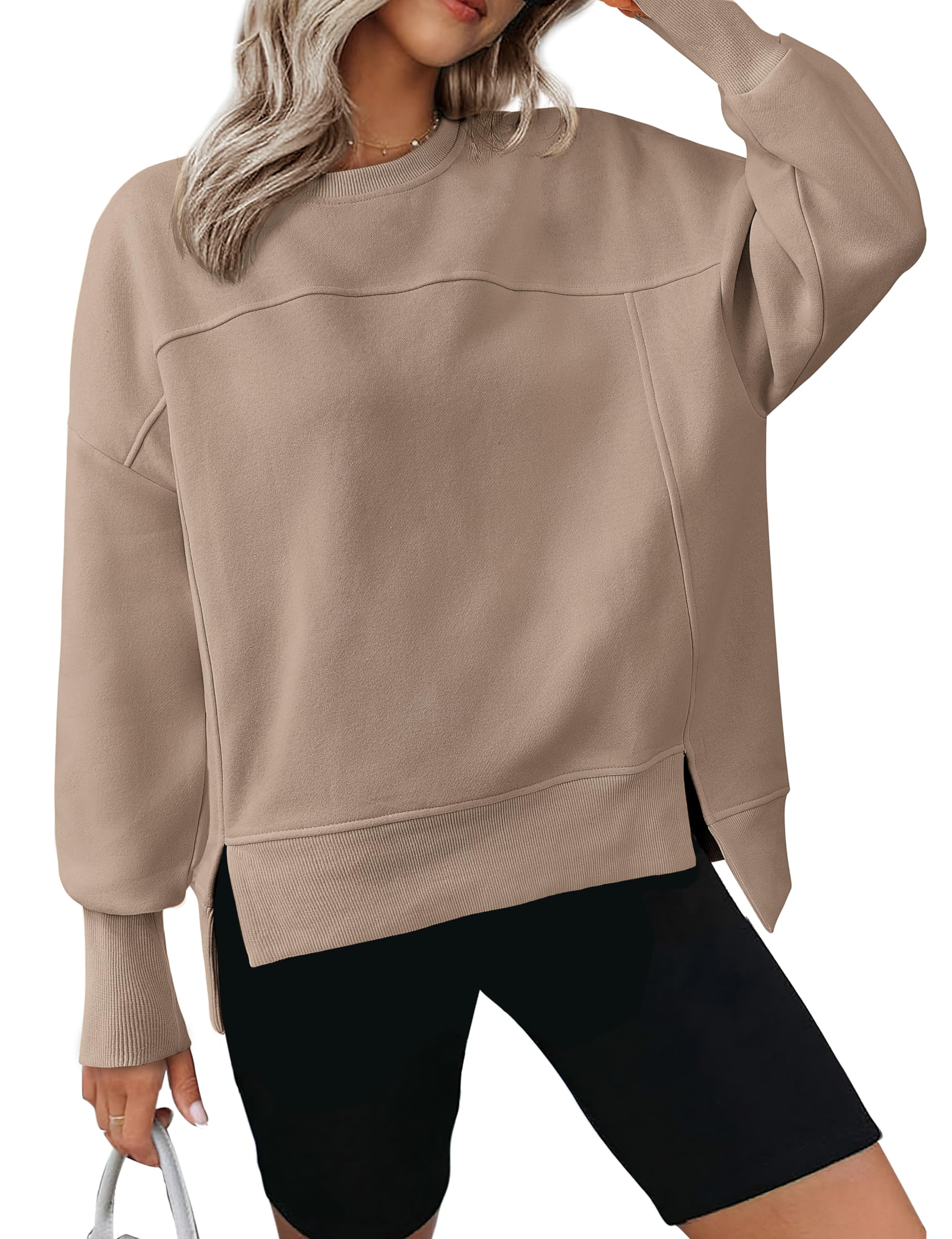 BTFBM Women's Casual Crewneck Sweatshirts Spring Long Sleeve Side Slit Workout Fleece Pullover Top Fashion Clothing