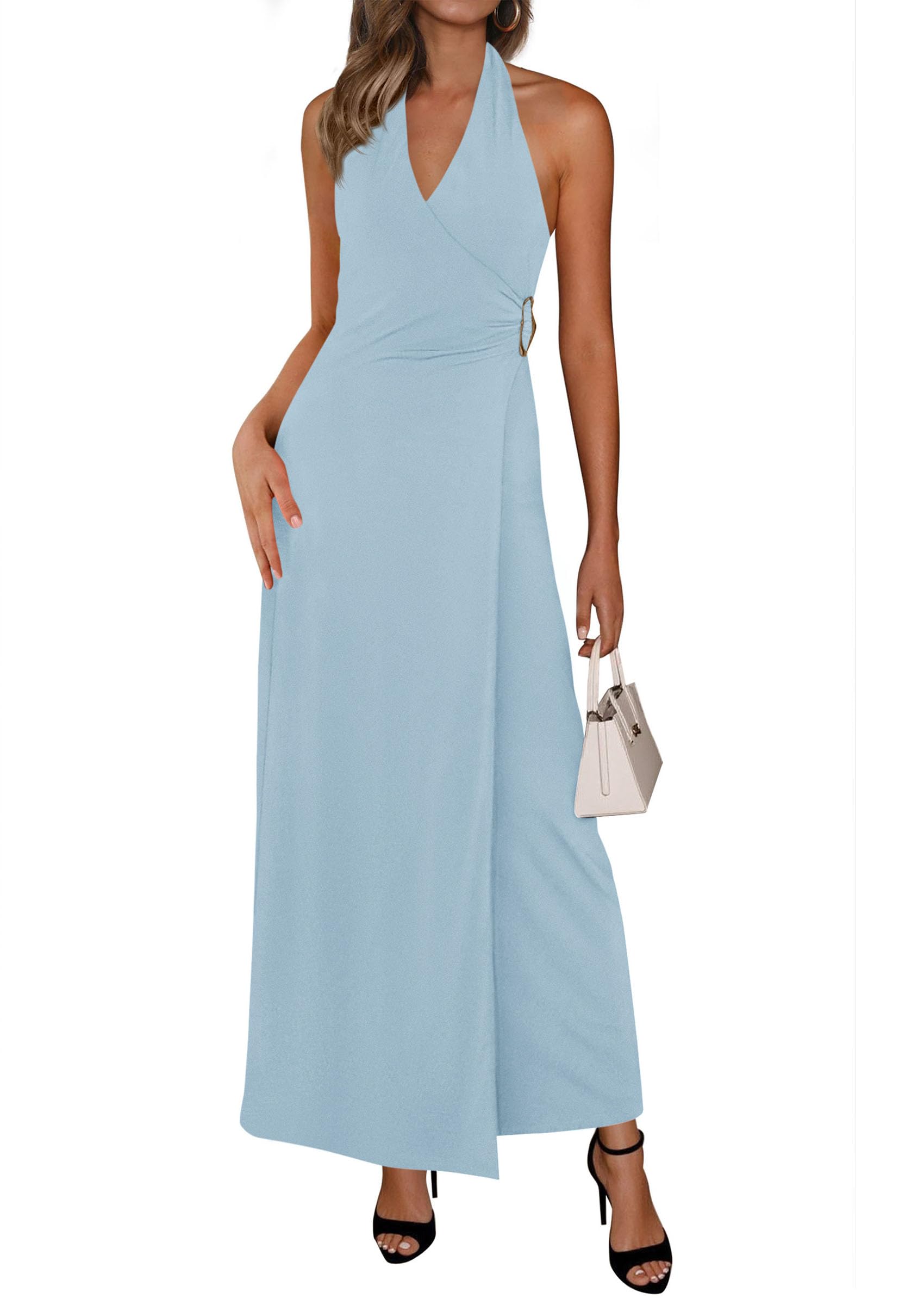 PRETTYGARDEN Holiday Cocktail Dresses for Women Summer Elegant V Neck Halter Backless Wedding Guest Party Midi Dress