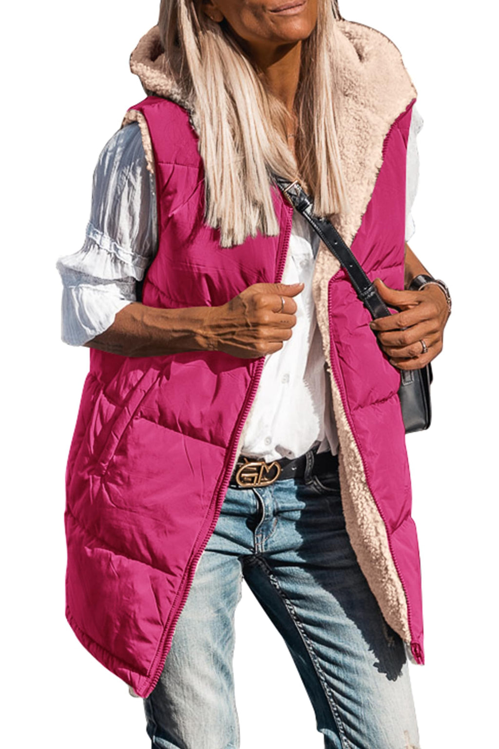 PRETTYGARDEN Womens Fall Reversible Long Vests Sleeveless Fleece Jacket Zip Up Hoodie Pockets Warm Coat Winter Clothing