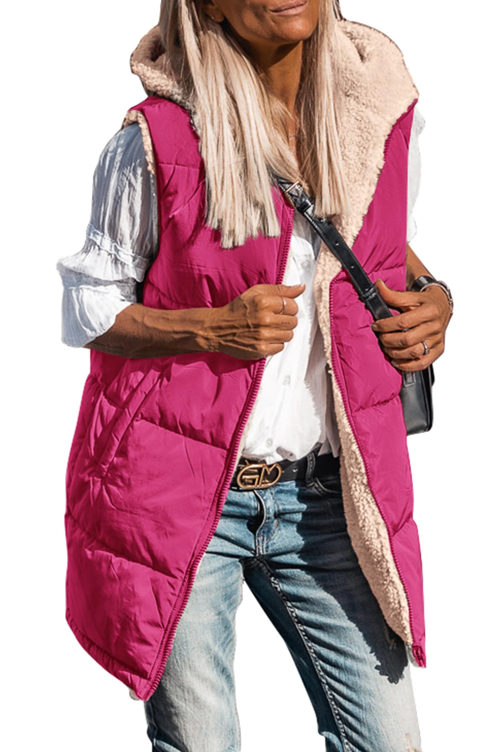 PRETTYGARDEN Womens Fall Reversible Long Vests Sleeveless Fleece Jacket Zip Up Hoodie Pockets Warm Coat Winter Clothing