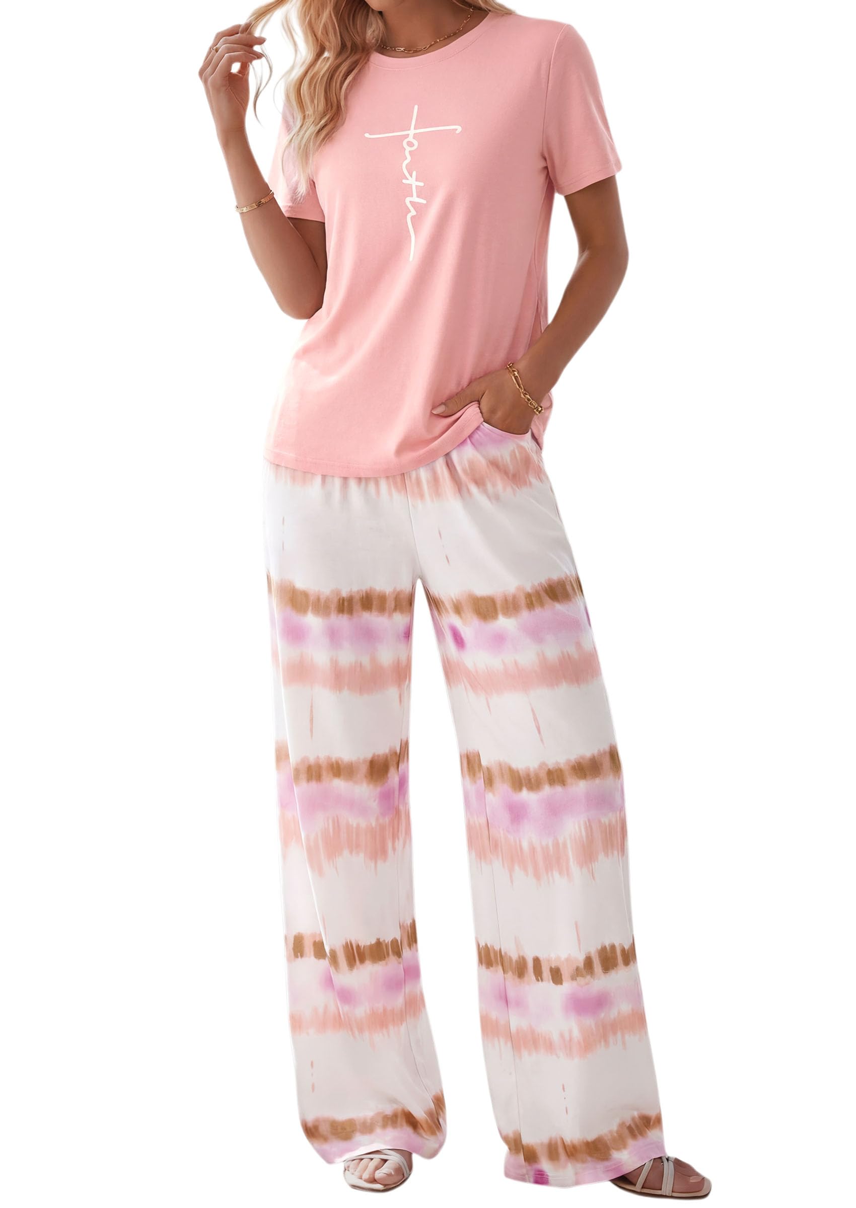 PRETTYGARDEN Womens Pajama Sets 2 Piece Lounge PJ Set Summer Soft Sleepwear Short Sleeve Top Loose Pants Spring Outfits